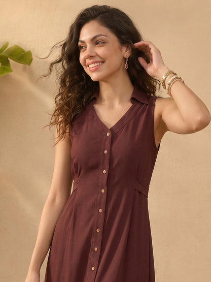 Janasya Brown A-Line Rayon Dress - Dista