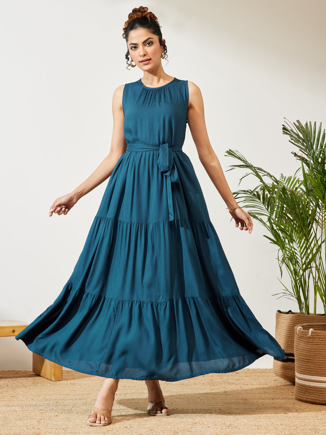 Janasya Teal Tiered Rayon Dress - Dista
