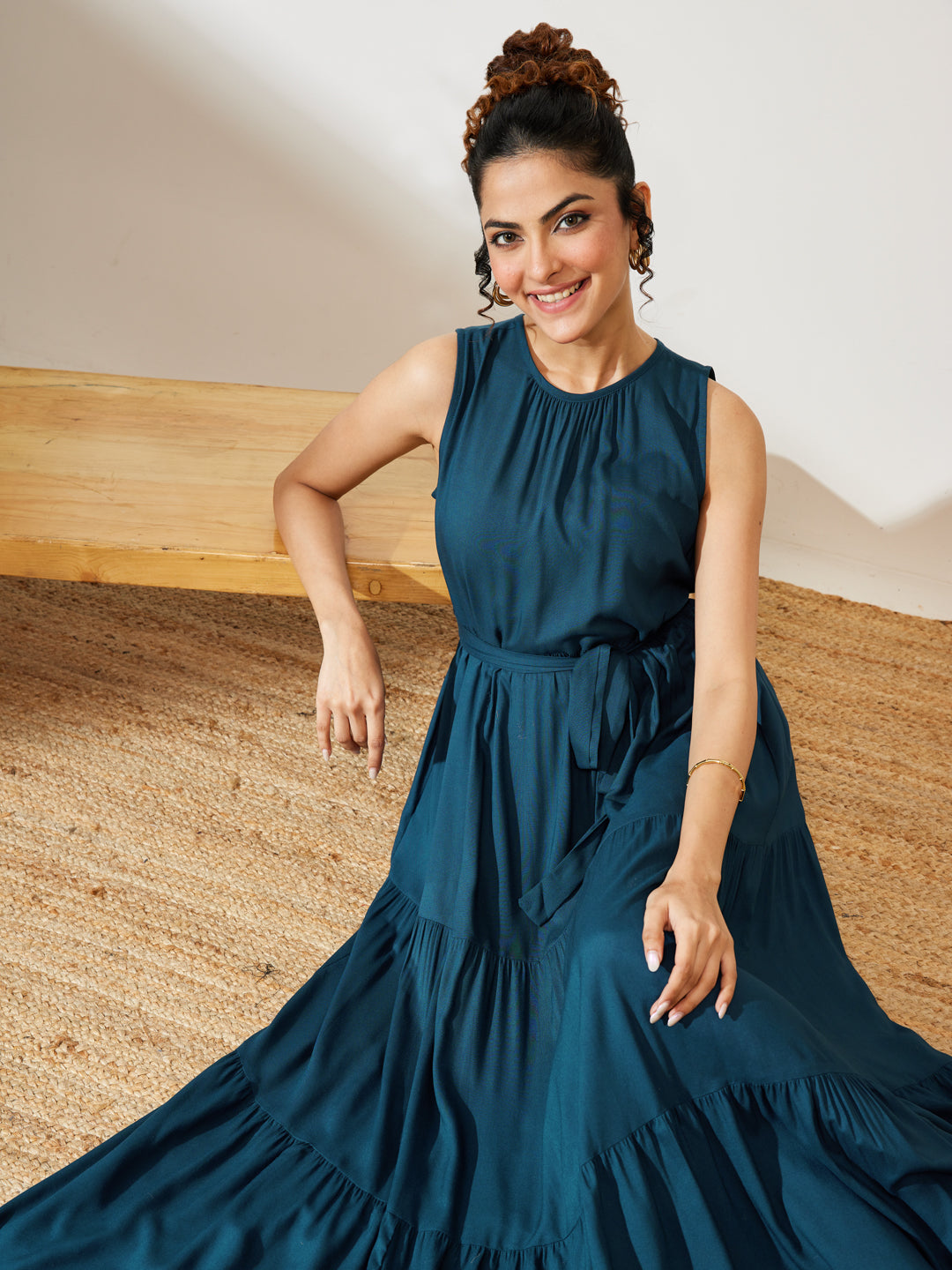 Janasya Teal Tiered Rayon Dress - Dista