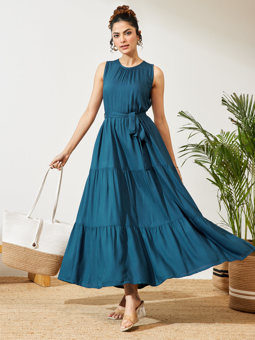 Janasya Teal Tiered Rayon Dress - Dista