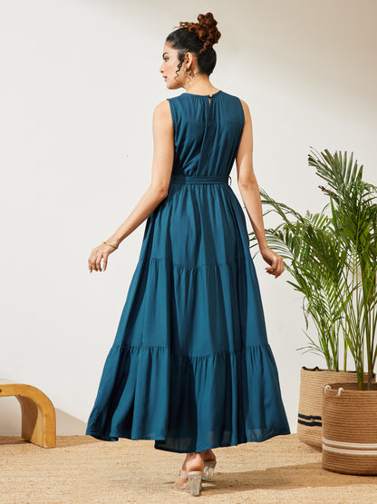 Janasya Teal Tiered Rayon Dress - Dista