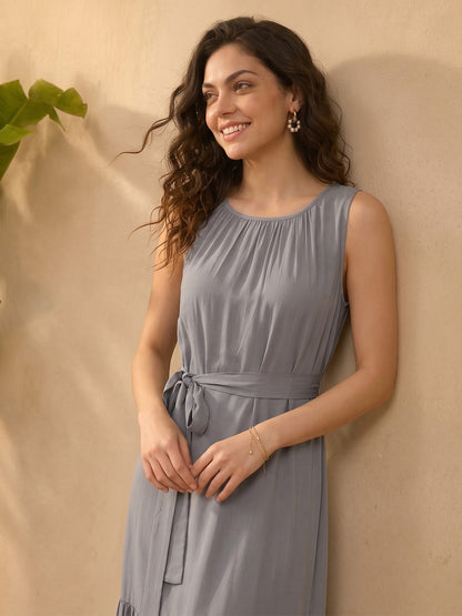 Janasya Grey Fit & Flare Rayon Dress - Dista