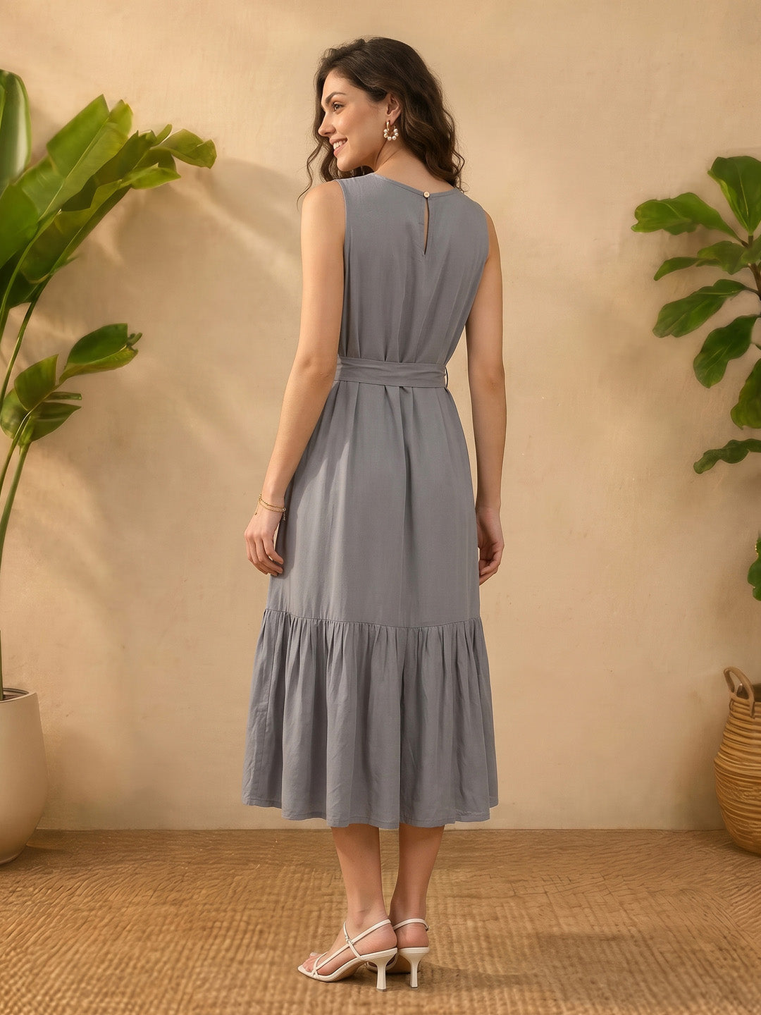 Janasya Grey Fit & Flare Rayon Dress - Dista