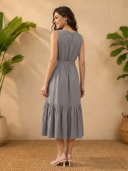 Janasya Grey Fit & Flare Rayon Dress - Dista