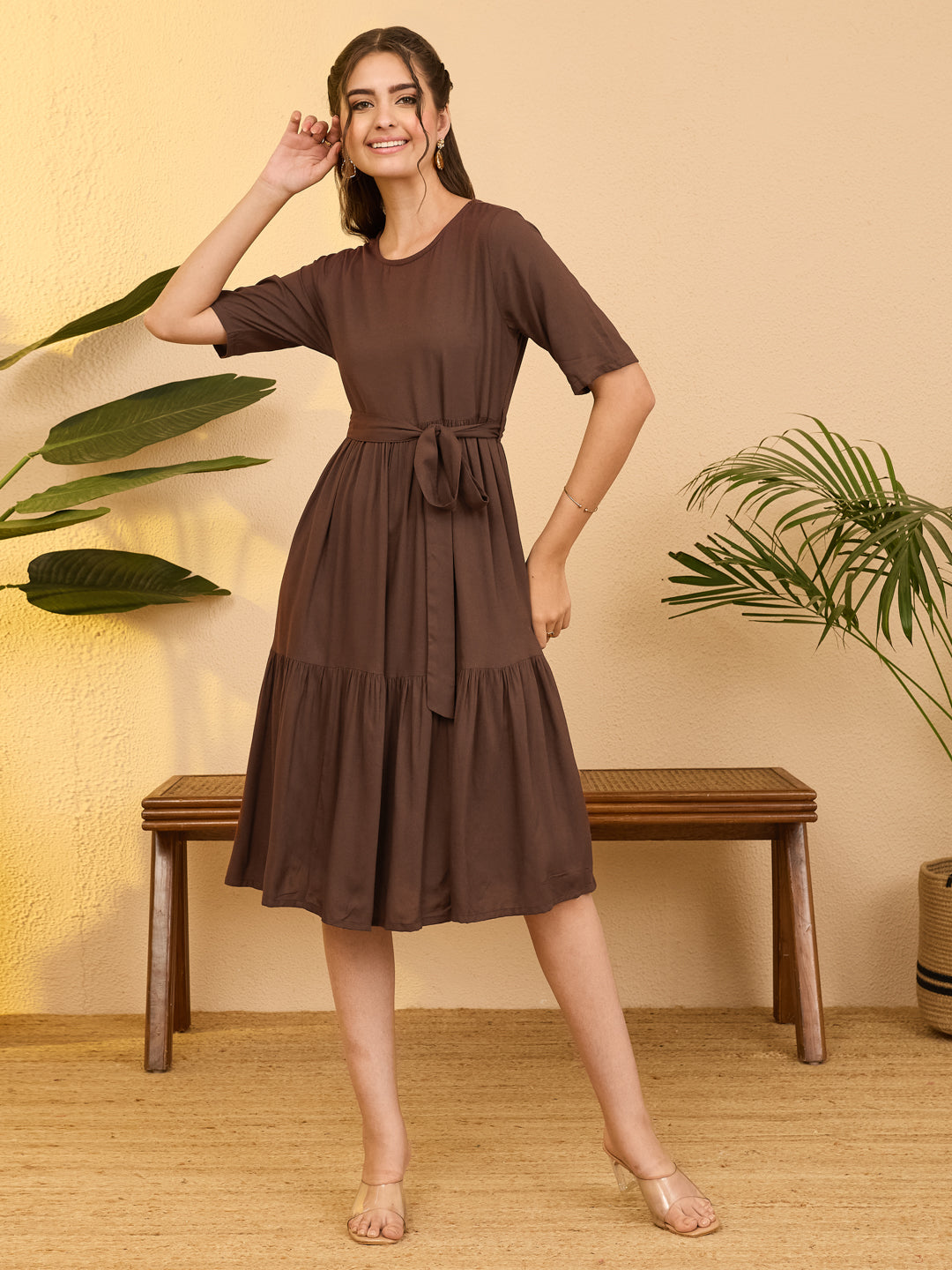 Janasya Brown Fit & Flare Rayon Dress - Dista