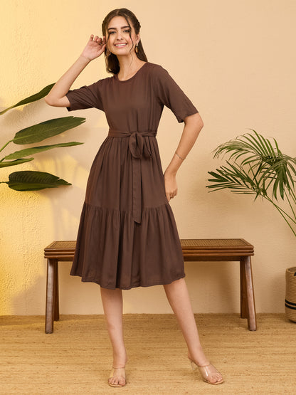 Janasya Brown Fit & Flare Rayon Dress - Dista