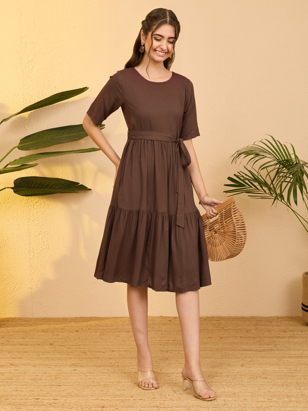 Janasya Brown Fit & Flare Rayon Dress - Dista