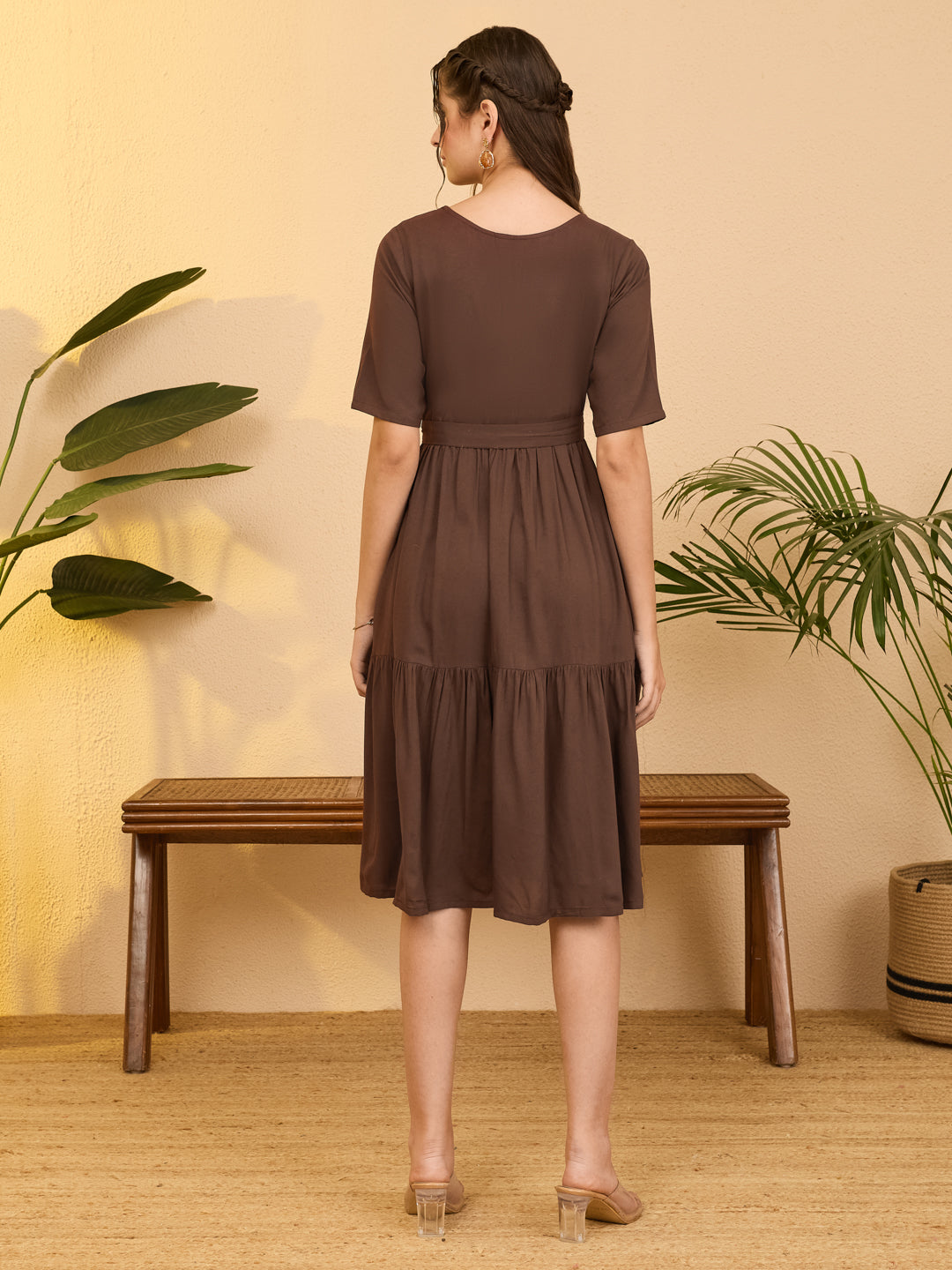 Janasya Brown Fit & Flare Rayon Dress - Dista