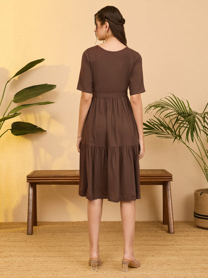 Janasya Brown Fit & Flare Rayon Dress - Dista