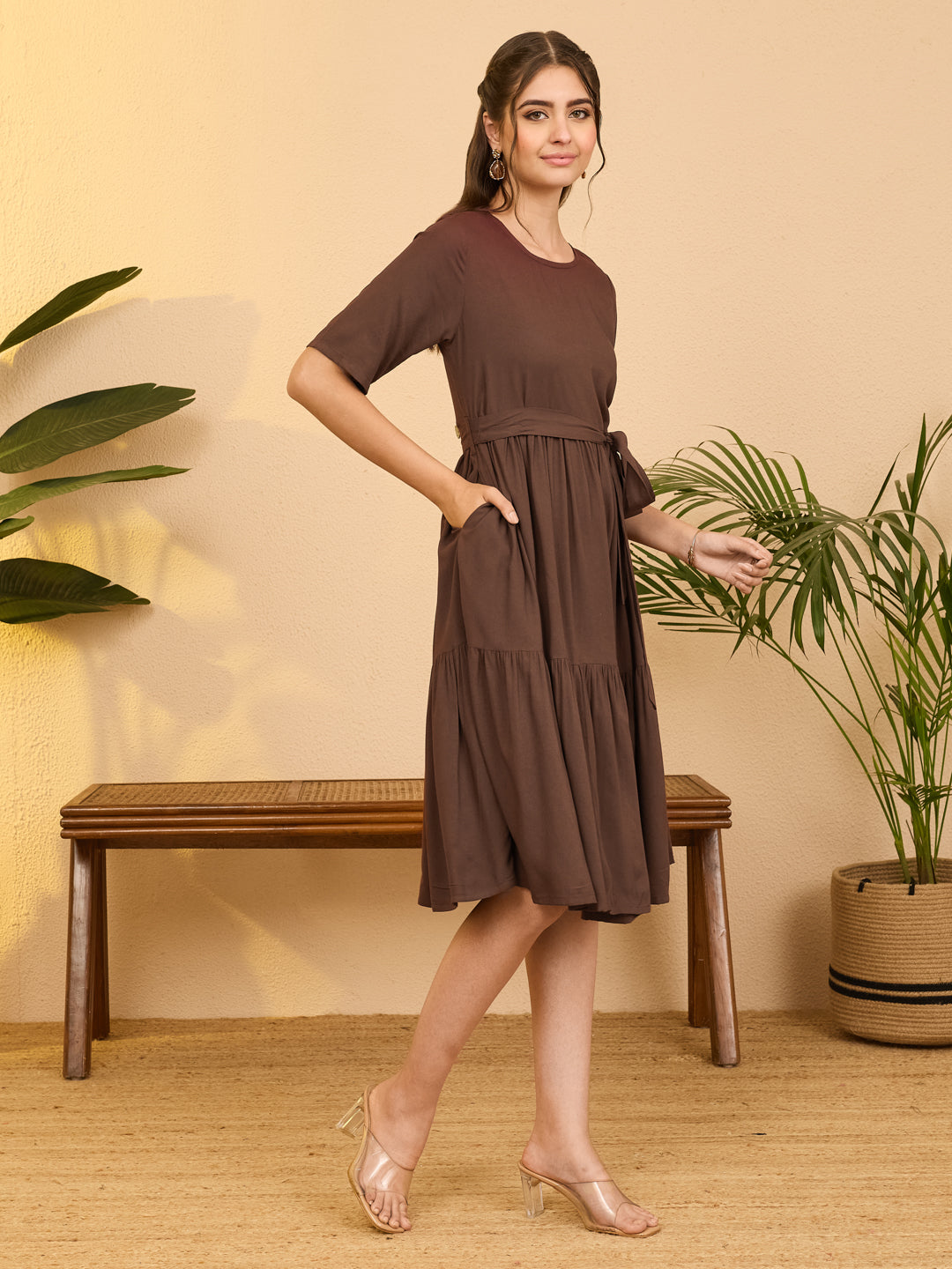 Janasya Brown Fit & Flare Rayon Dress - Dista