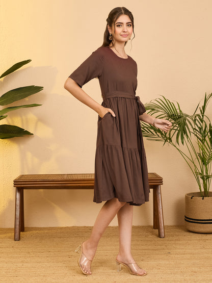 Janasya Brown Fit & Flare Rayon Dress - Dista