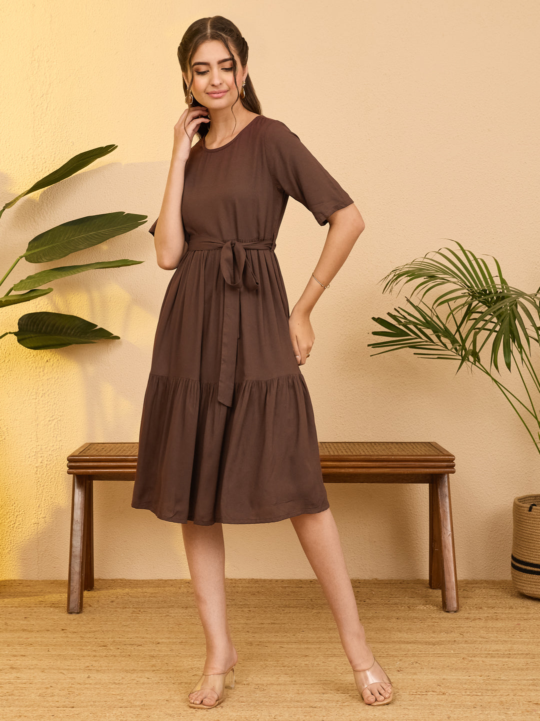 Janasya Brown Fit & Flare Rayon Dress - Dista