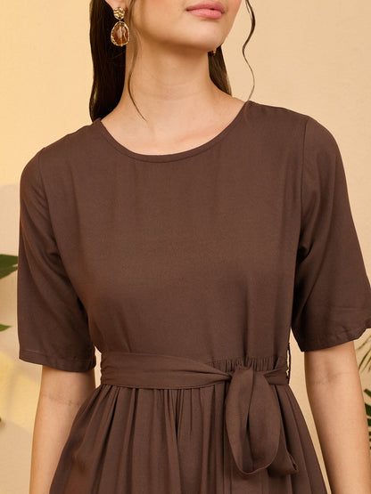 Janasya Brown Fit & Flare Rayon Dress - Dista