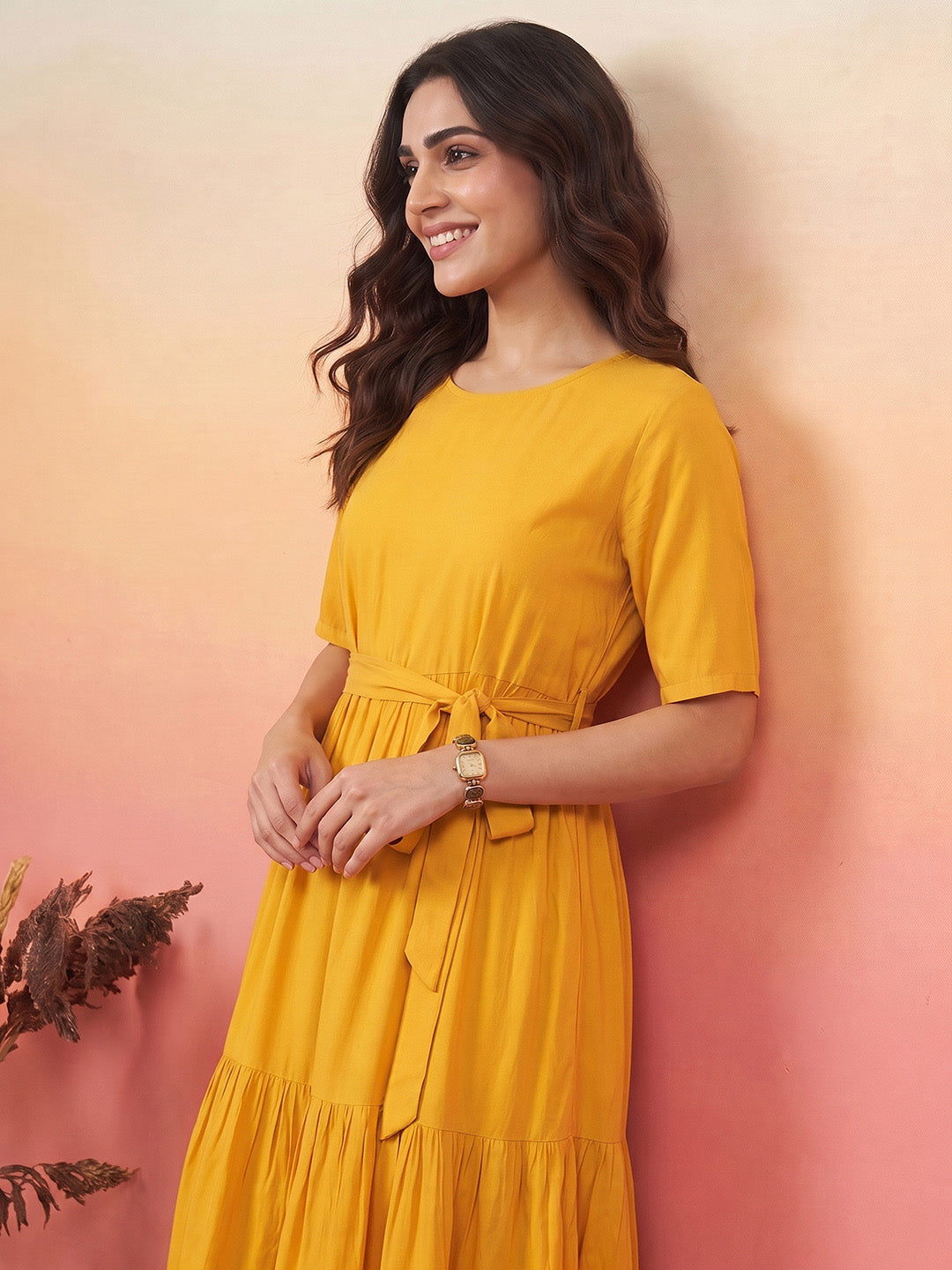 Janasya Yellow Fit & Flare Rayon Dress - Dista
