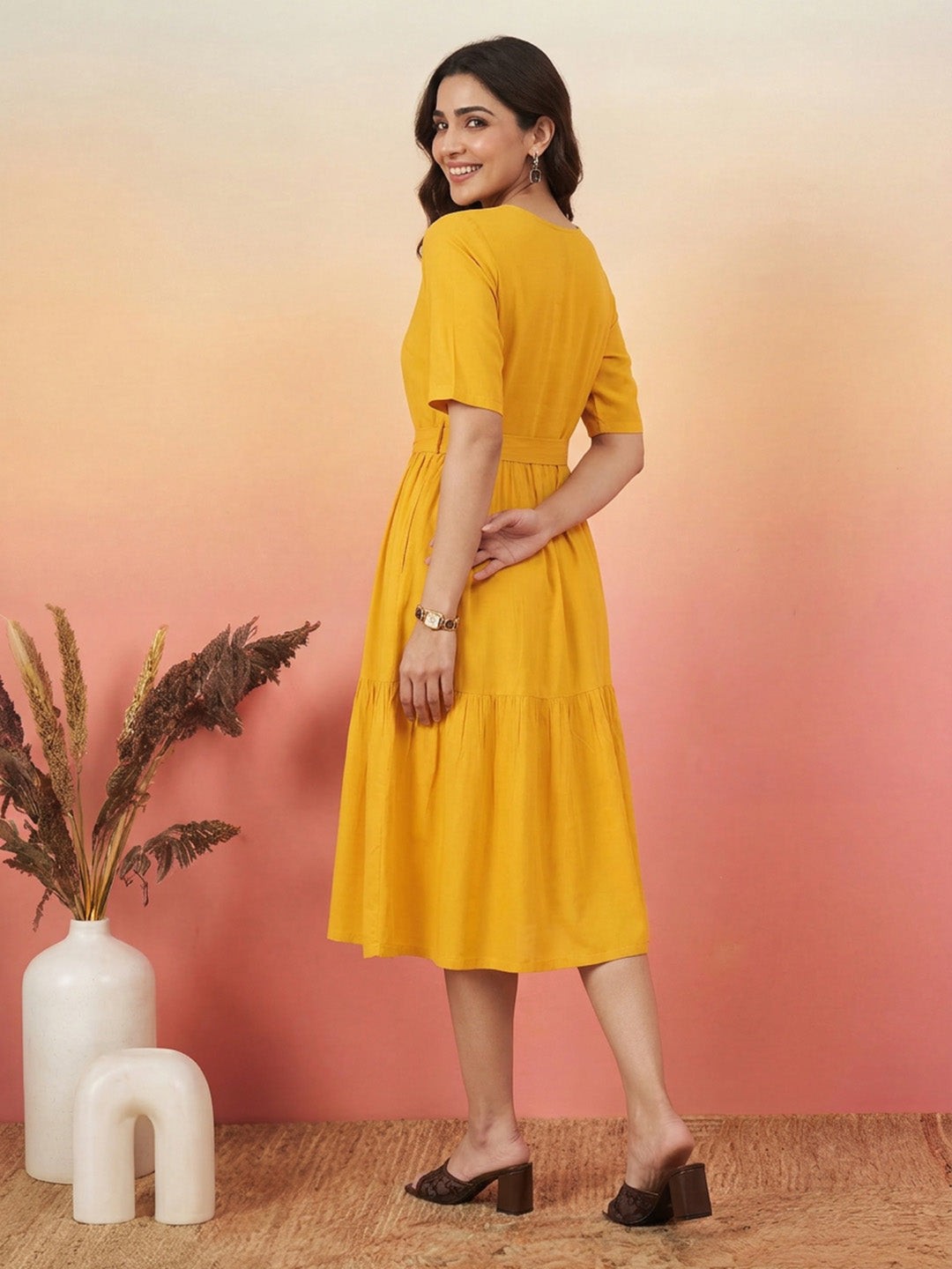 Janasya Yellow Fit & Flare Rayon Dress - Dista