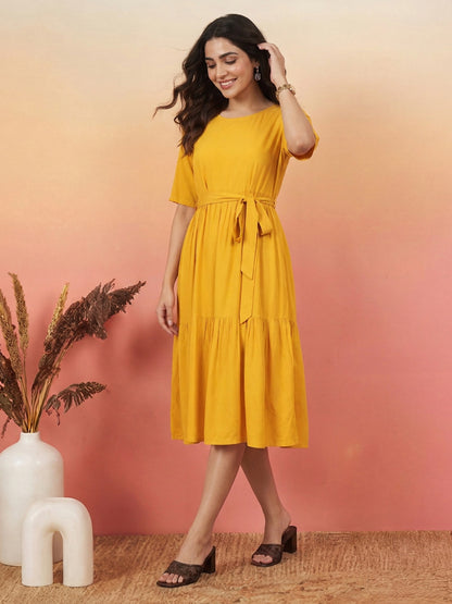 Janasya Yellow Fit & Flare Rayon Dress - Dista