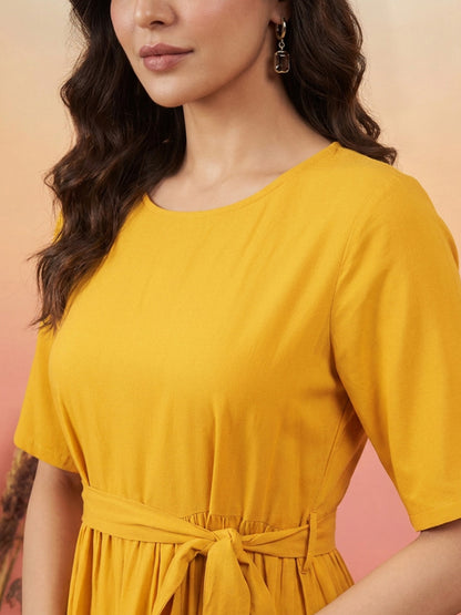 Janasya Yellow Fit & Flare Rayon Dress - Dista