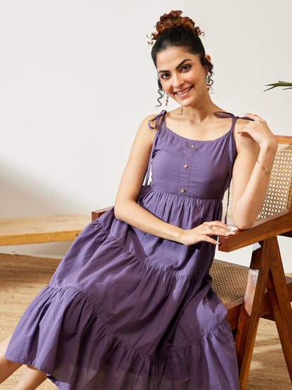 Janasya Lavender Tiered Cotton Dress - Dista