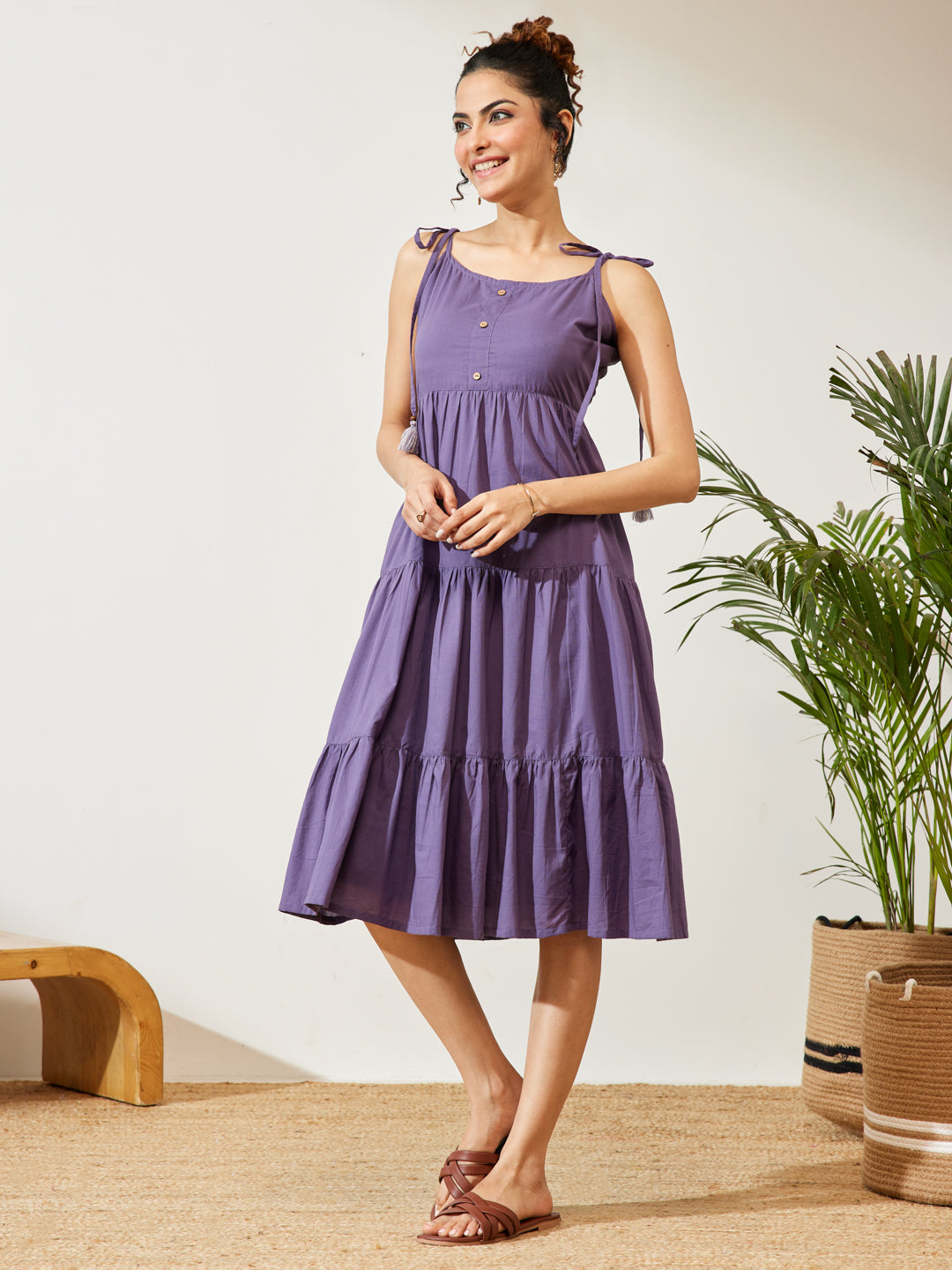 Janasya Lavender Tiered Cotton Dress - Dista