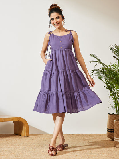 Janasya Lavender Tiered Cotton Dress - Dista