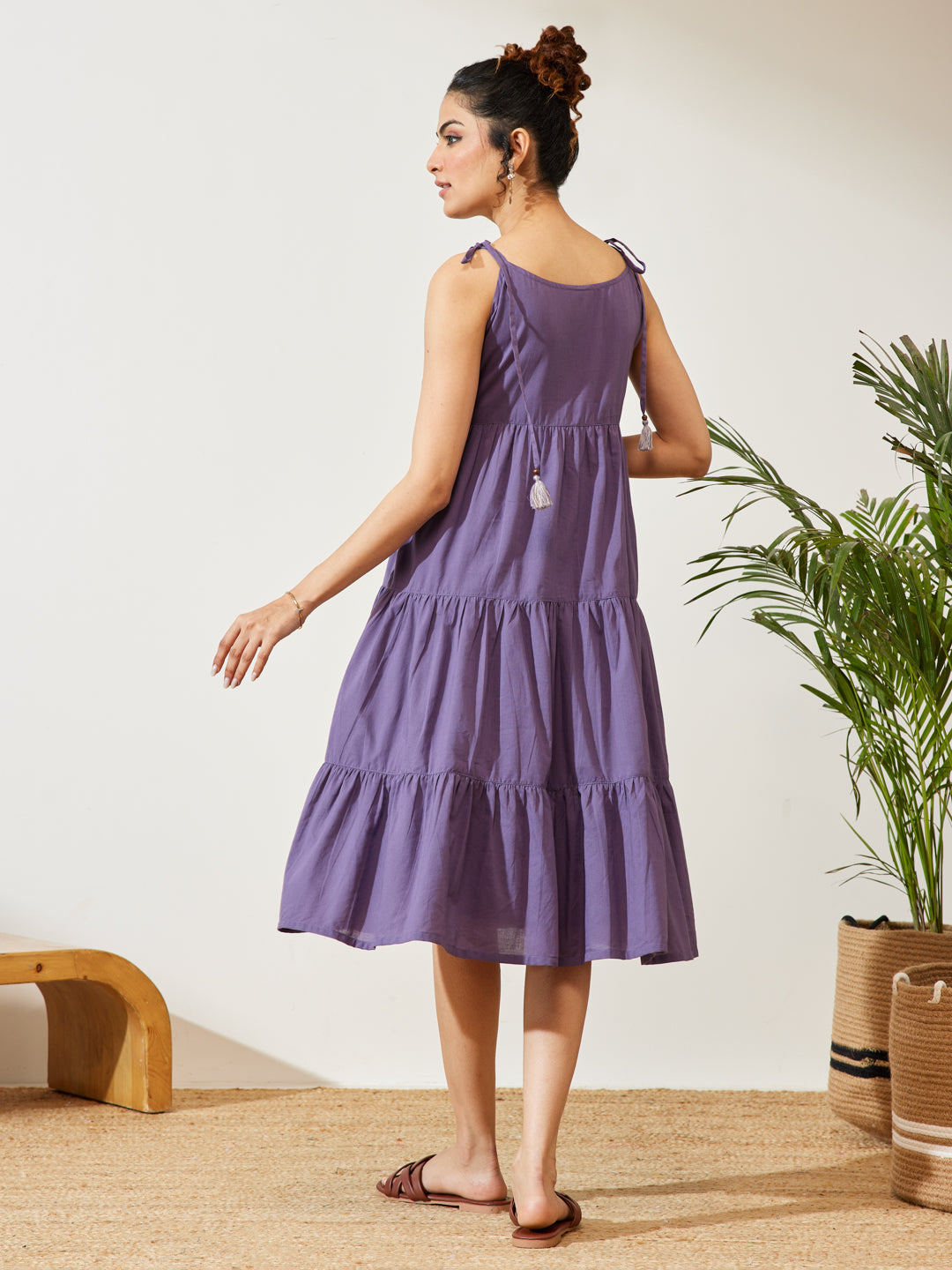 Janasya Lavender Tiered Cotton Dress - Dista