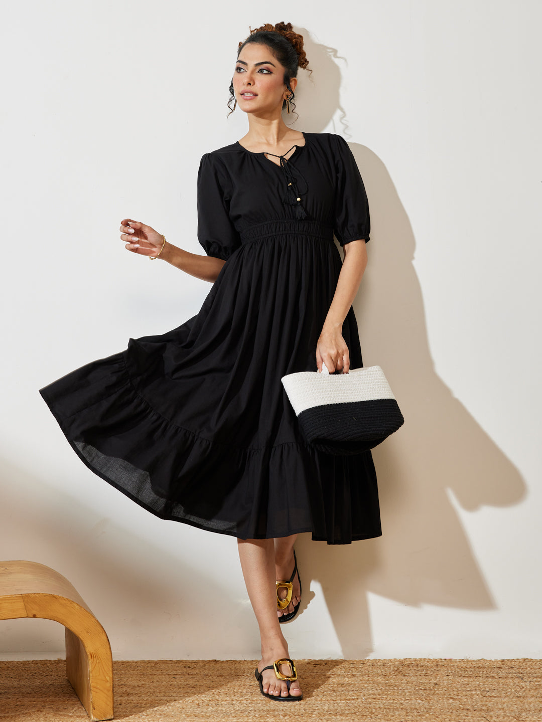 Janasya Black Fit & Flare Cotton Dress - Dista