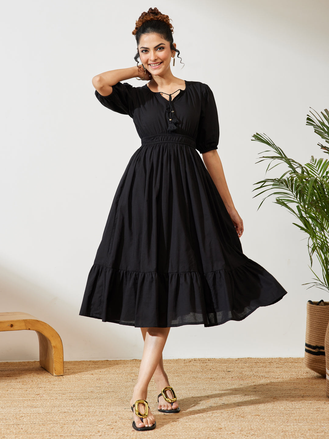 Janasya Black Fit & Flare Cotton Dress - Dista