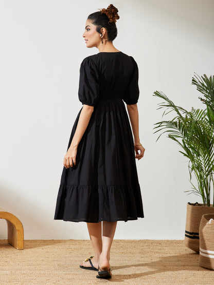 Janasya Black Fit & Flare Cotton Dress - Dista