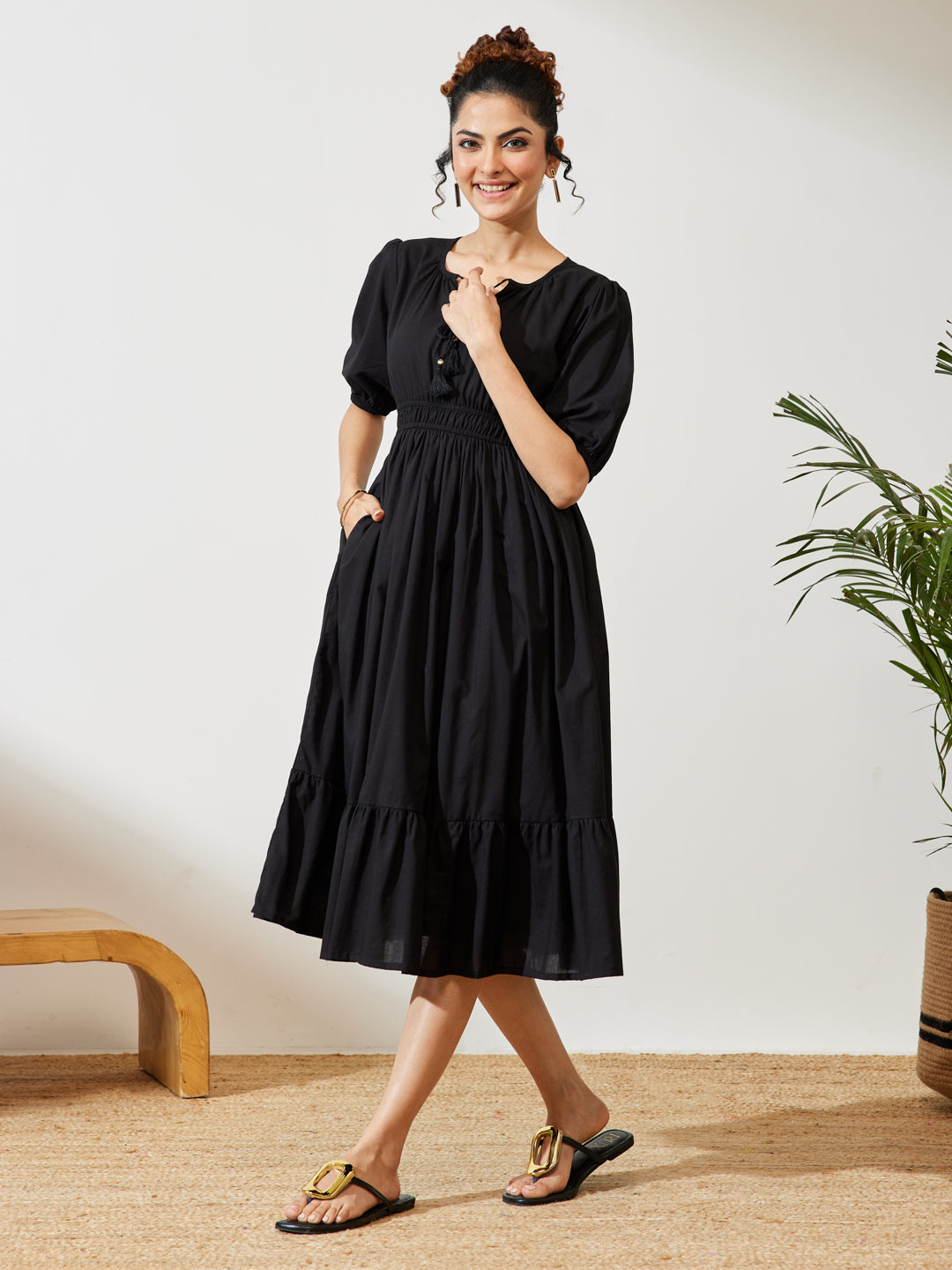 Janasya Black Fit & Flare Cotton Dress - Dista