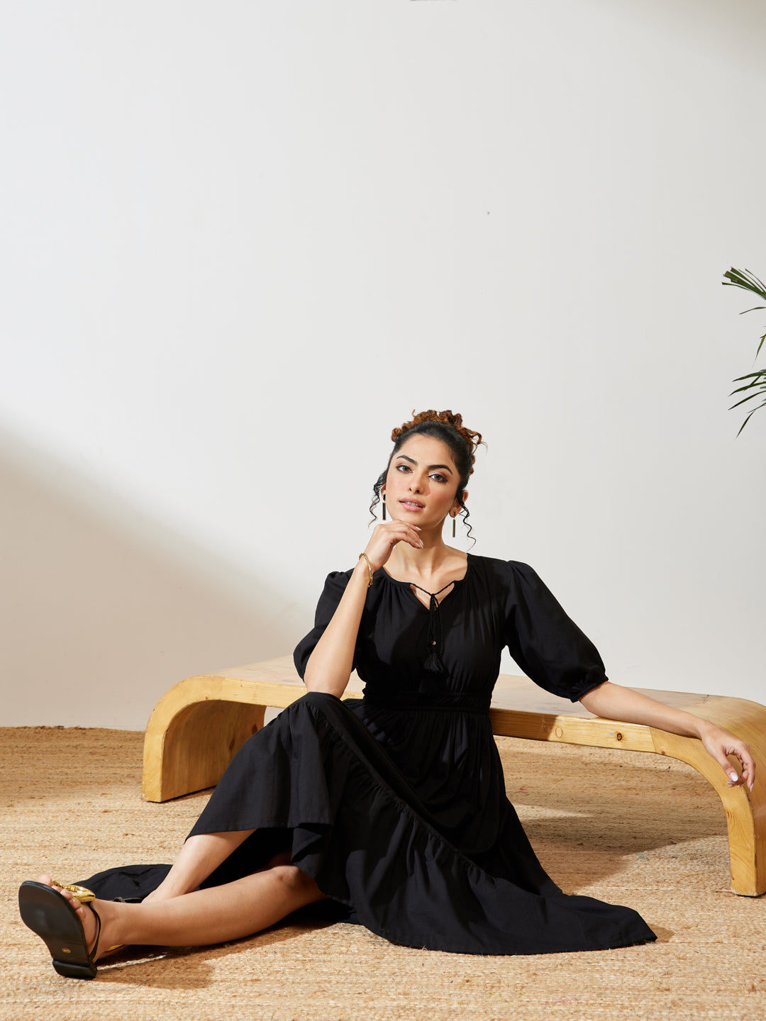 Janasya Black Fit & Flare Cotton Dress - Dista