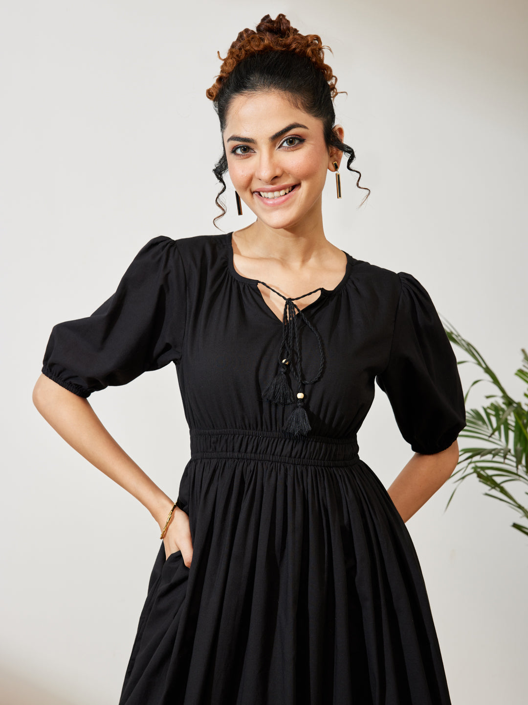 Janasya Black Fit & Flare Cotton Dress - Dista