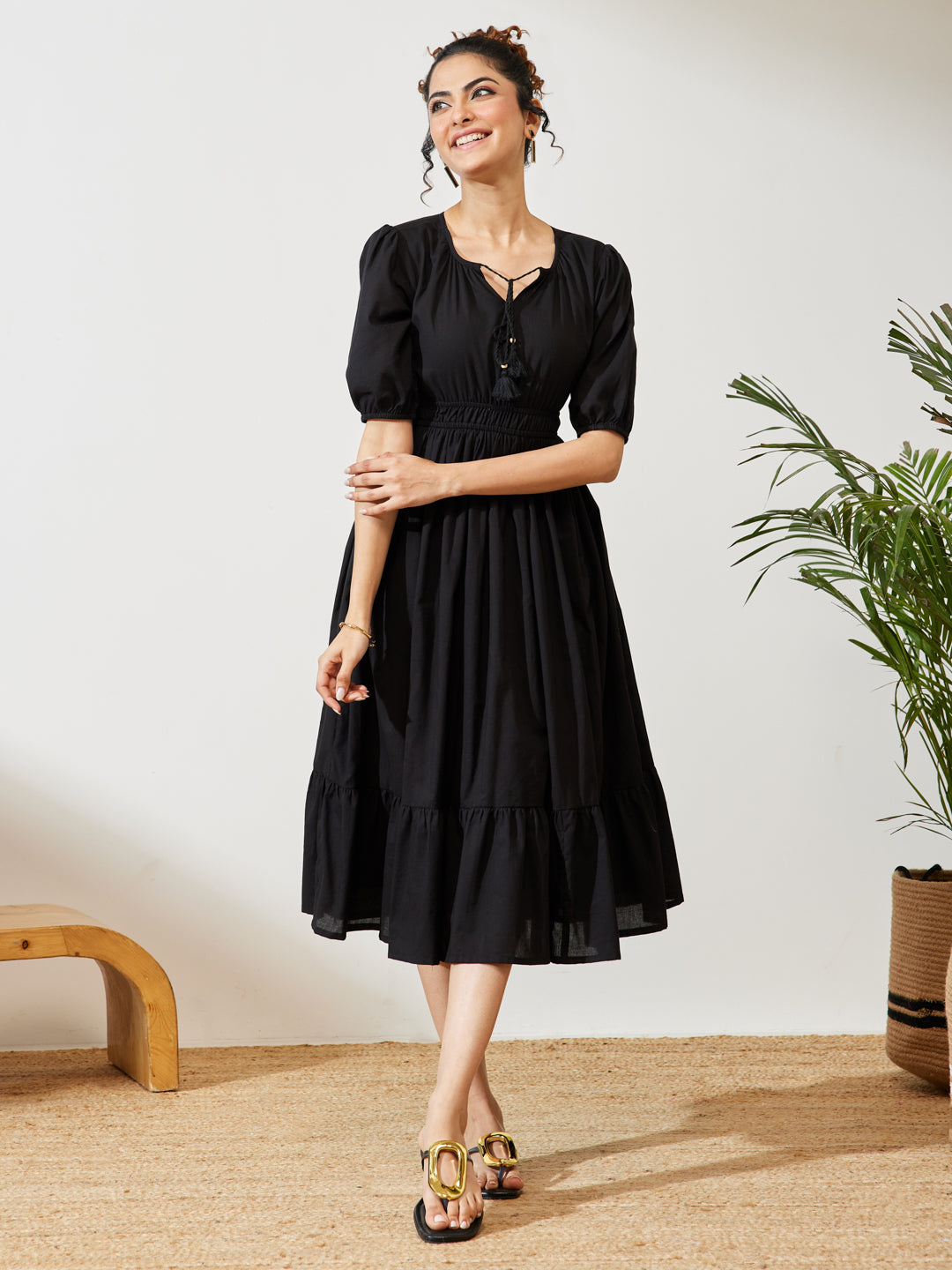Janasya Black Fit & Flare Cotton Dress - Dista