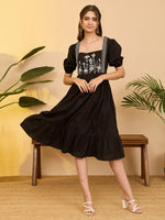 Thumbnail for Janasya Black Gathered Cotton Dress - Dista