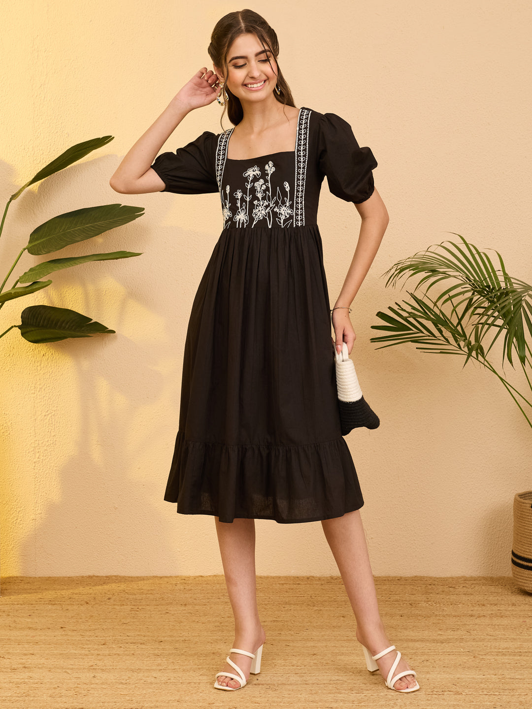 Janasya Black Gathered Cotton Dress - Dista