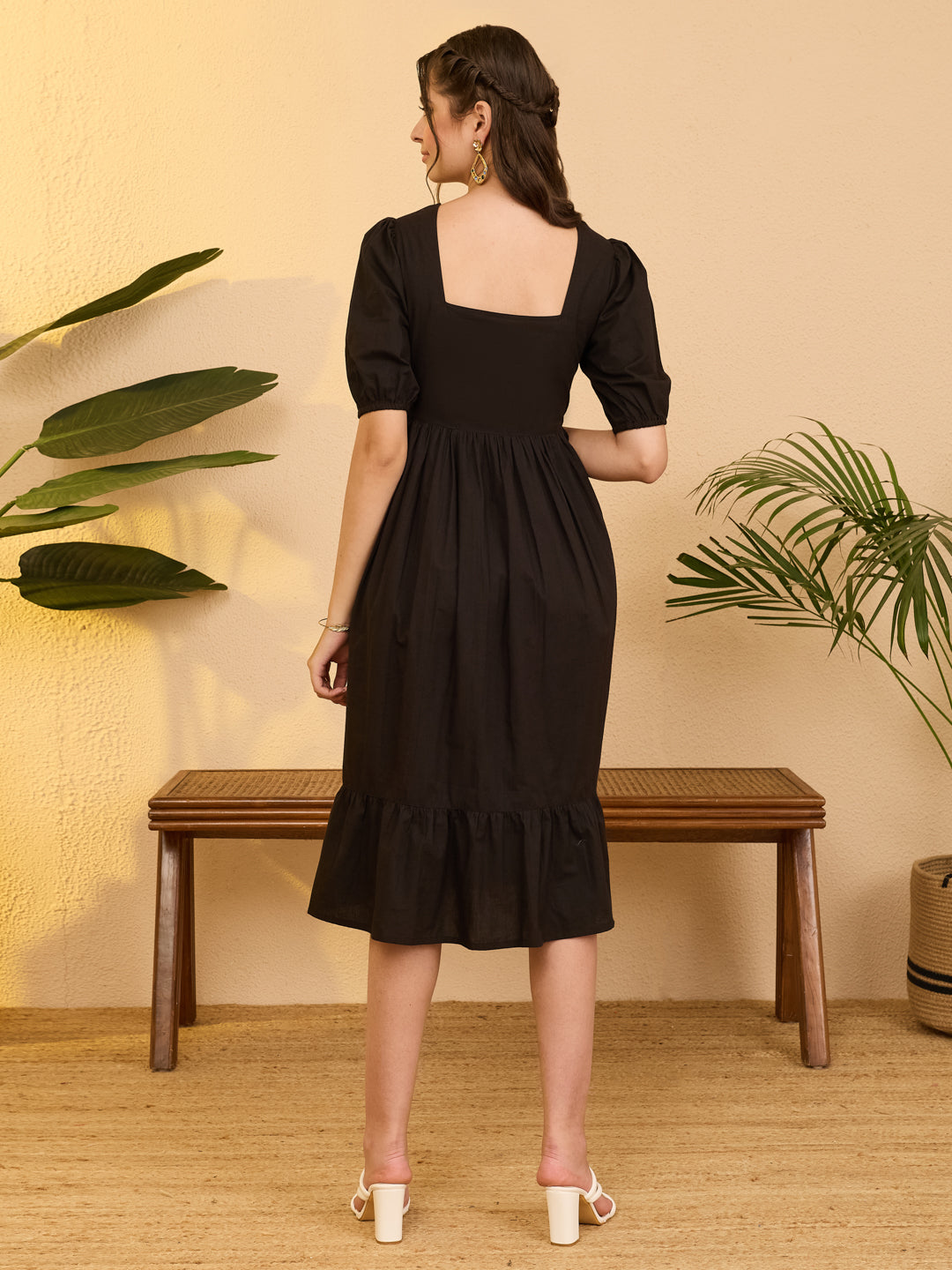 Janasya Black Gathered Cotton Dress - Dista