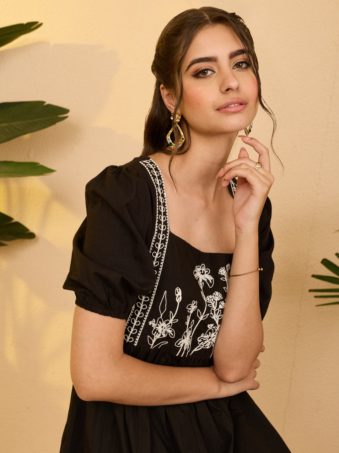 Janasya Black Gathered Cotton Dress - Dista