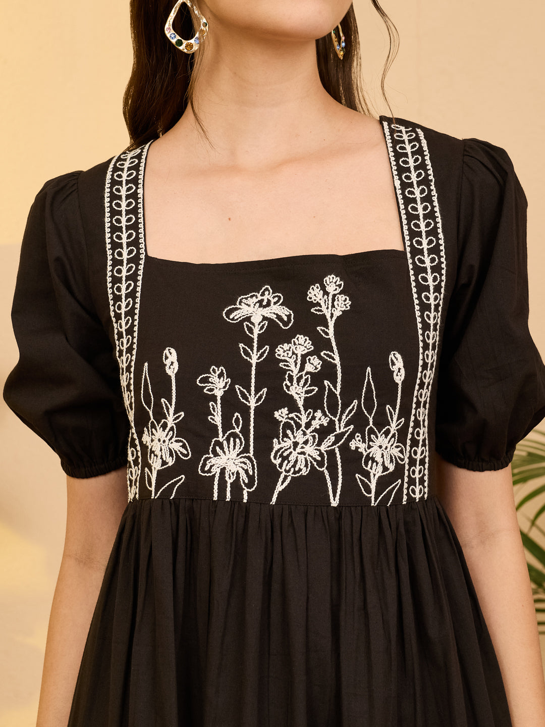 Janasya Black Gathered Cotton Dress - Dista