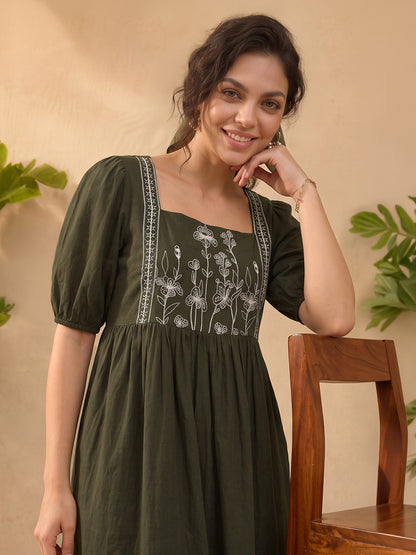 Janasya Olive A-Line Cotton Dress - Dista