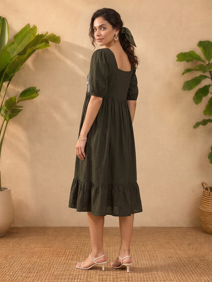 Janasya Olive A-Line Cotton Dress - Dista