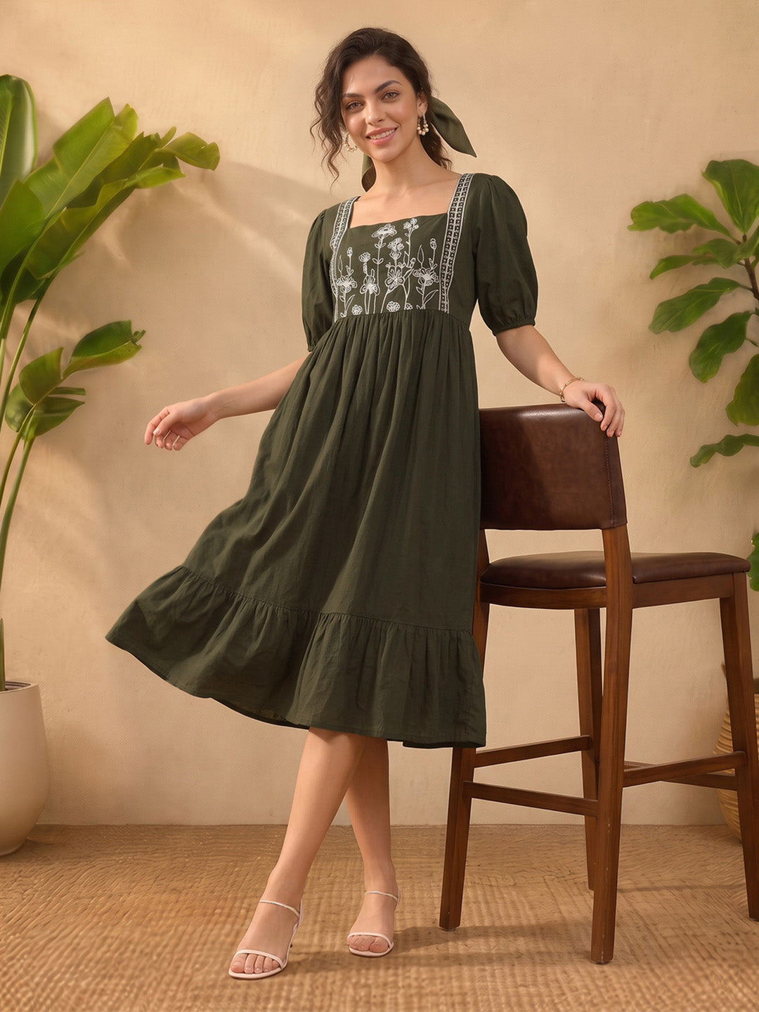 Janasya Olive A-Line Cotton Dress - Dista