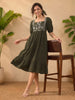 Janasya Olive A-Line Cotton Dress - Dista
