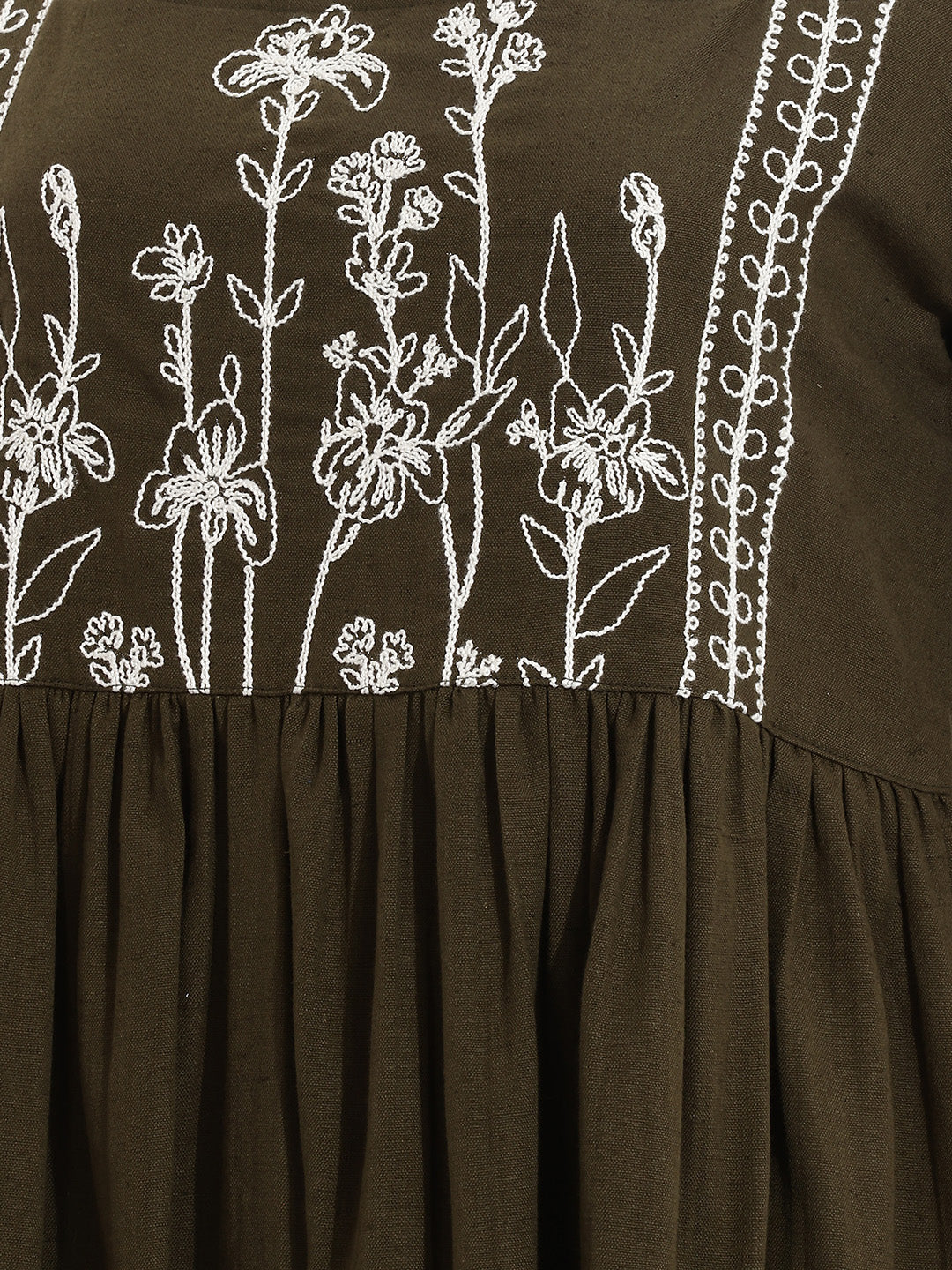 Janasya Olive A-Line Cotton Dress - Dista