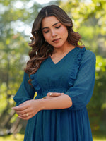Thumbnail for Janasya Teal Gathered Dobby Chiffon Dress - Dista