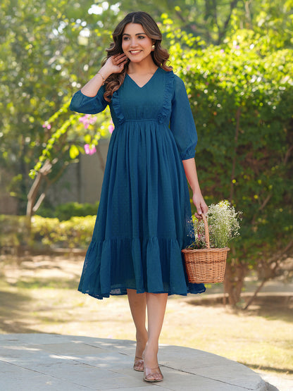 Janasya Teal Gathered Dobby Chiffon Dress - Dista