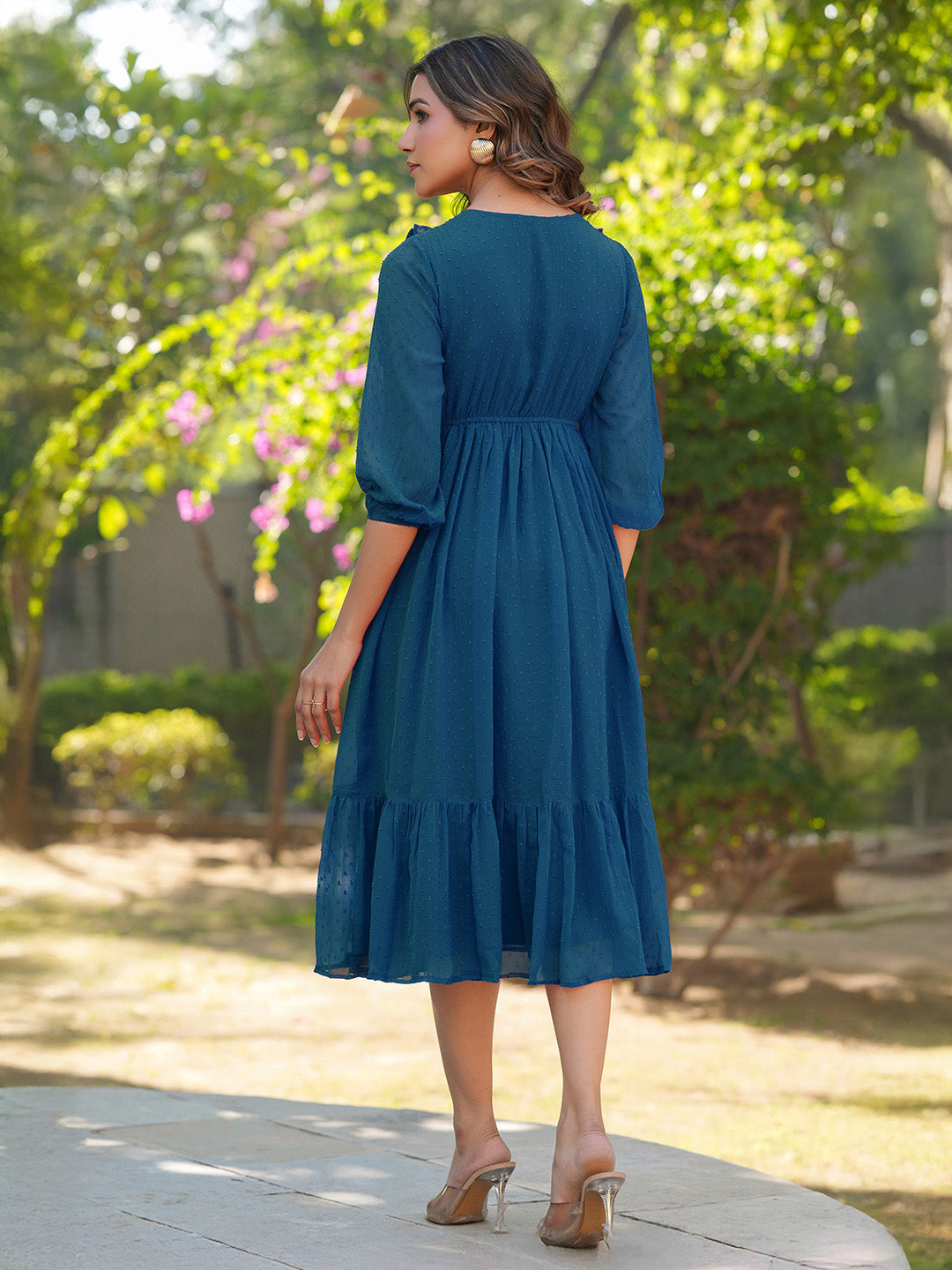 Janasya Teal Gathered Dobby Chiffon Dress - Dista