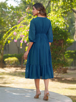 Thumbnail for Janasya Teal Gathered Dobby Chiffon Dress - Dista