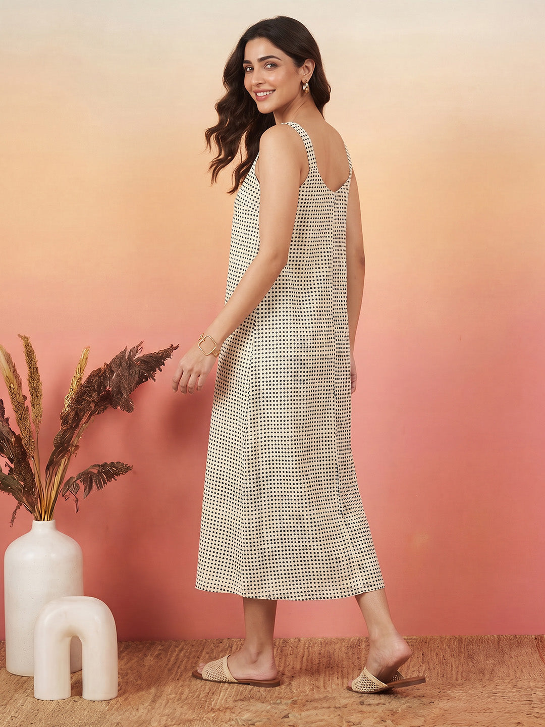 Janasya Cream A-Line Cotton Dress - Dista