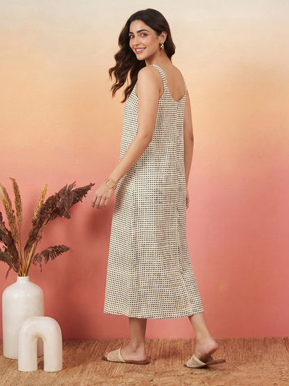 Janasya Cream A-Line Cotton Dress - Dista
