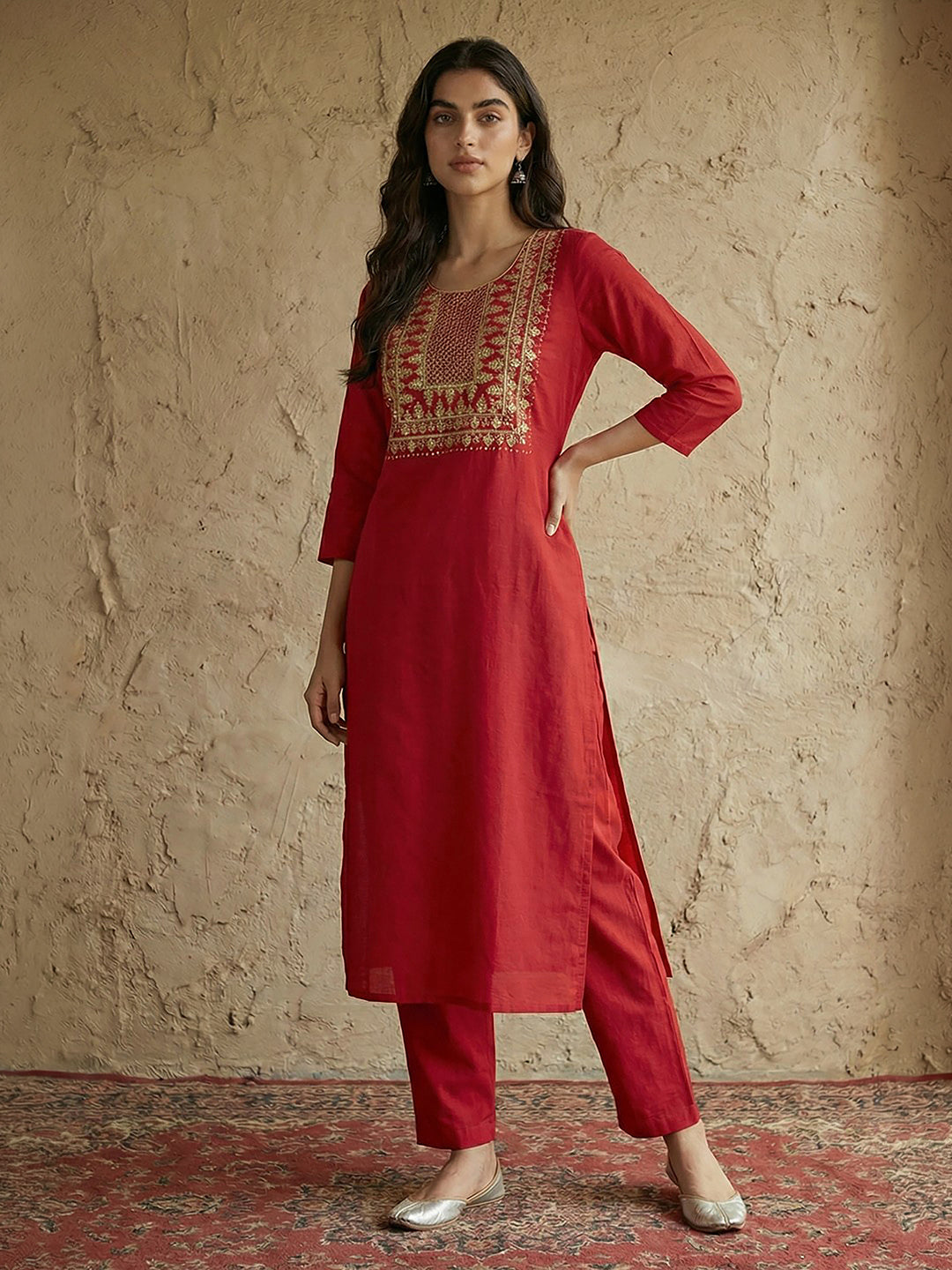 Janasya Red Straight Cotton Kurta & Bottom - Dista
