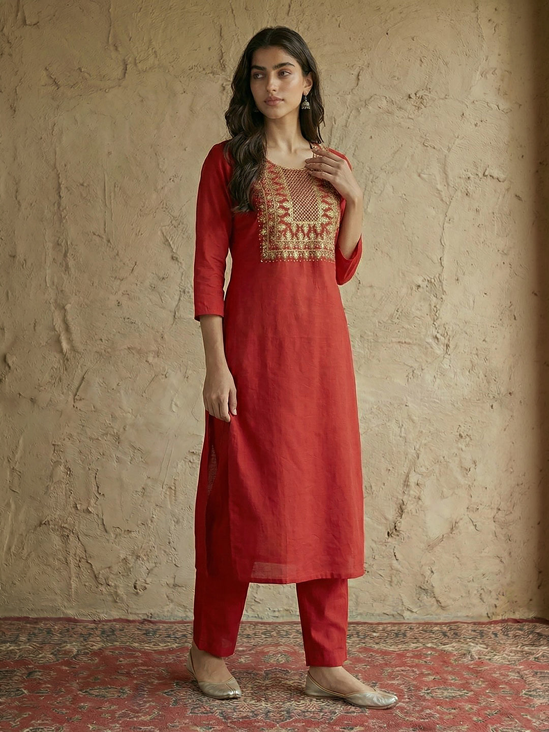 Janasya Red Straight Cotton Kurta & Bottom - Dista
